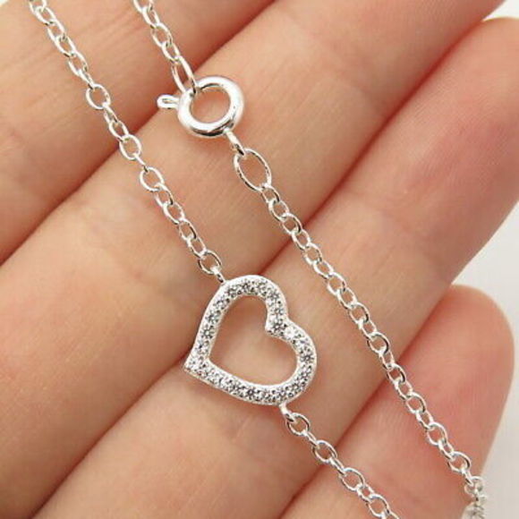 925 Sterling Silver Pave C Z Open Heart Charm Cable Link Bracelet 8" - Picture 3 of 6